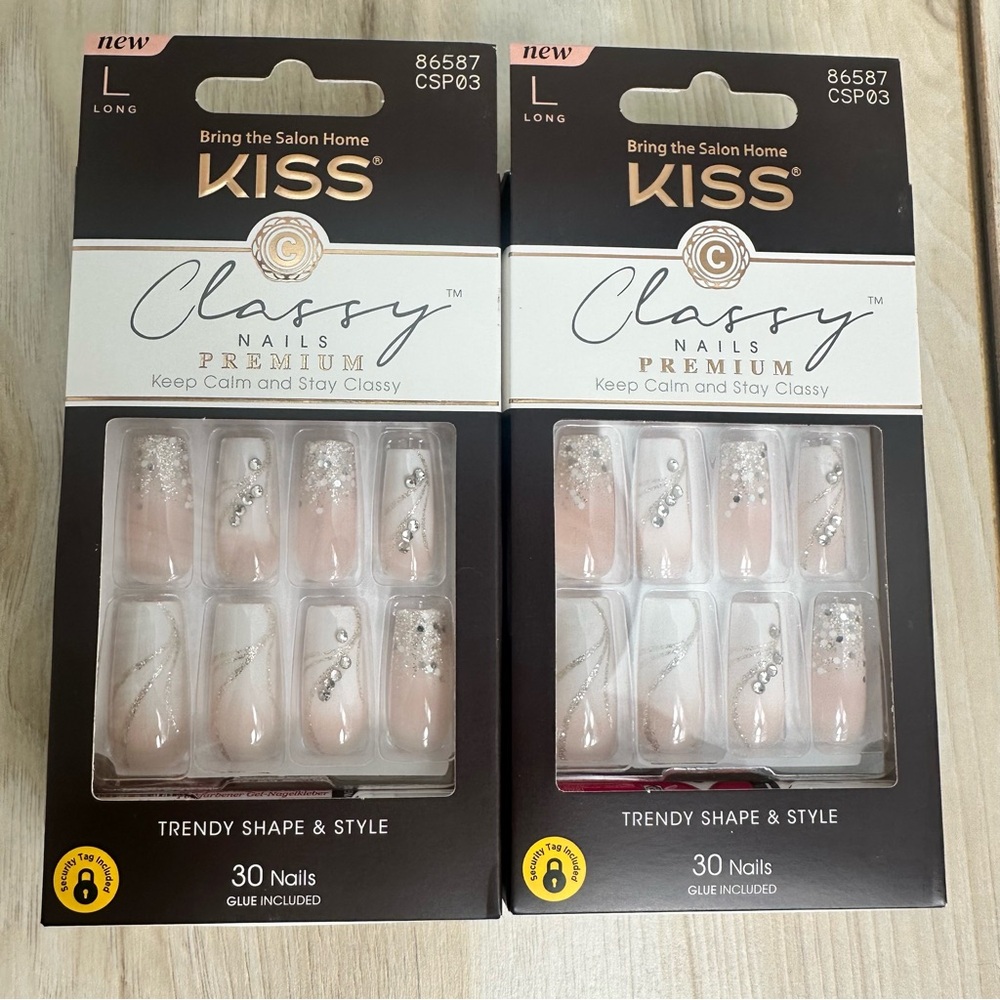 Kiss Classy Press On Nails Long Nude Glitter Rhinestones Wedding Prom 2 Pack‎